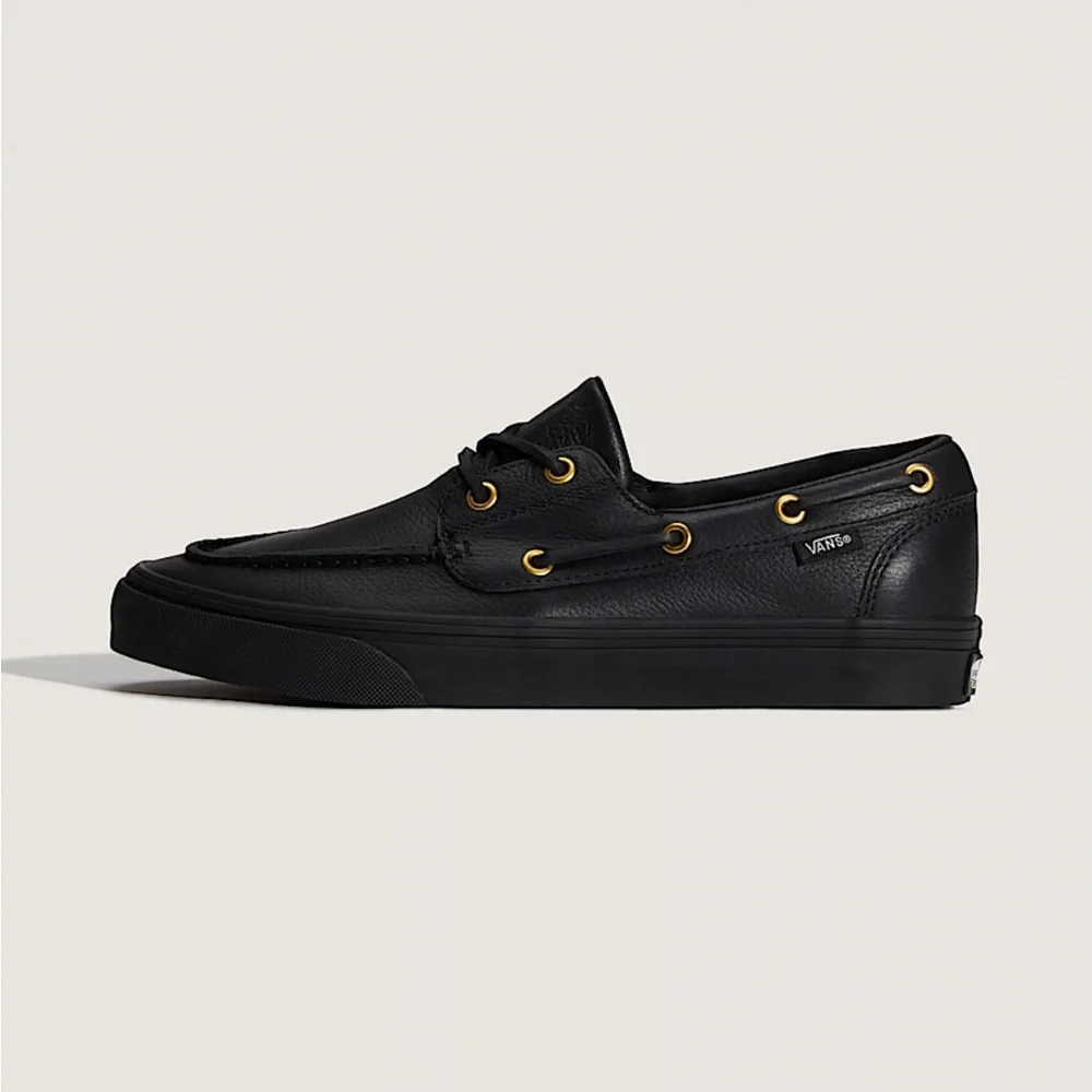 Vans Black Leather Unisex Boat Shoe with Gold Eyelets